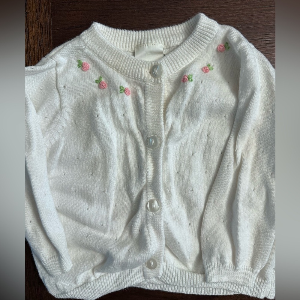 Baby Embroidered White Cardigan Sweater with small roses at the collar.